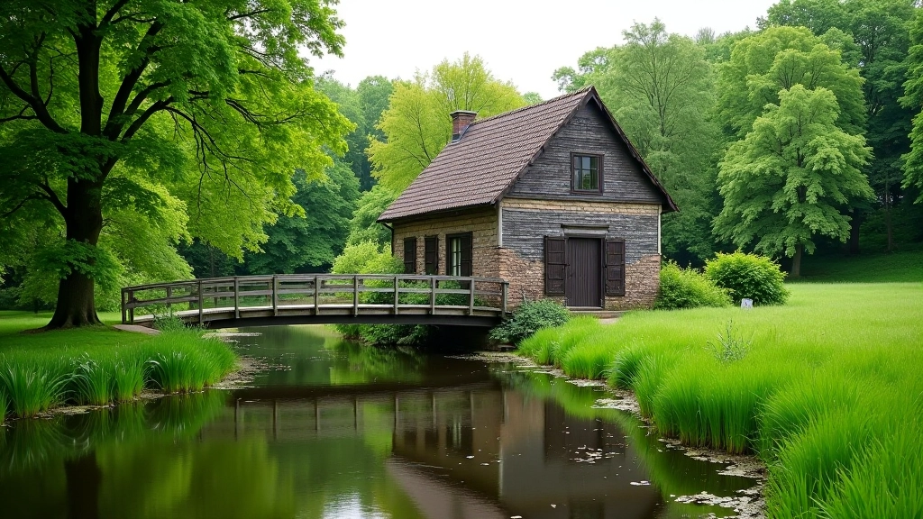 Valgunde Mill nestled in verdant meadows beside flowing Svēte River, peaceful natural landscape with heritage architecture