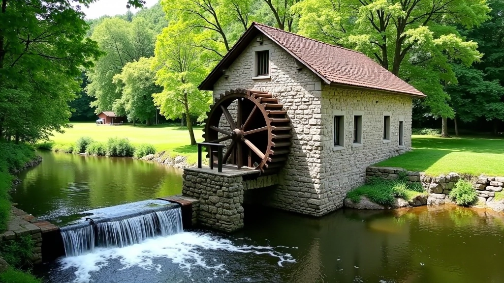 Historic watermill building surrounded by lush green vegetation and flowing river water
