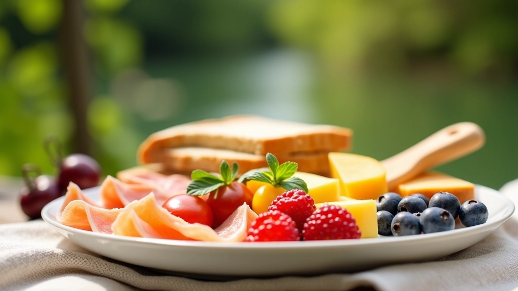 Picnic spread with fresh bread, cheese, cold cuts, berries, and vegetables arranged on a white plate outdoors