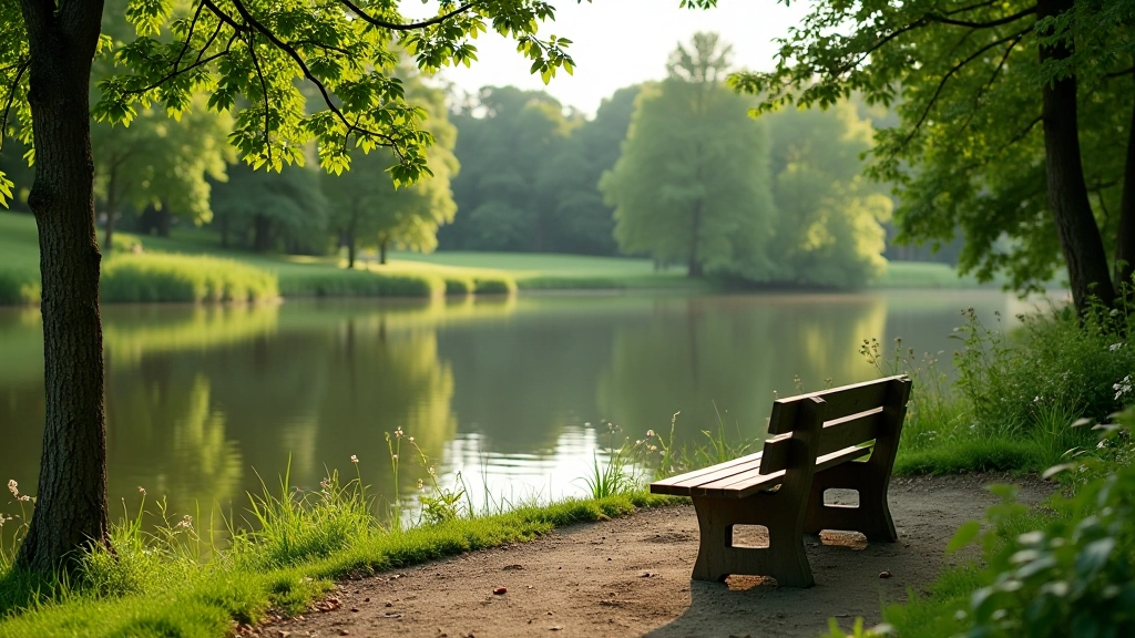 Quiet riverside seating area with benches overlooking water