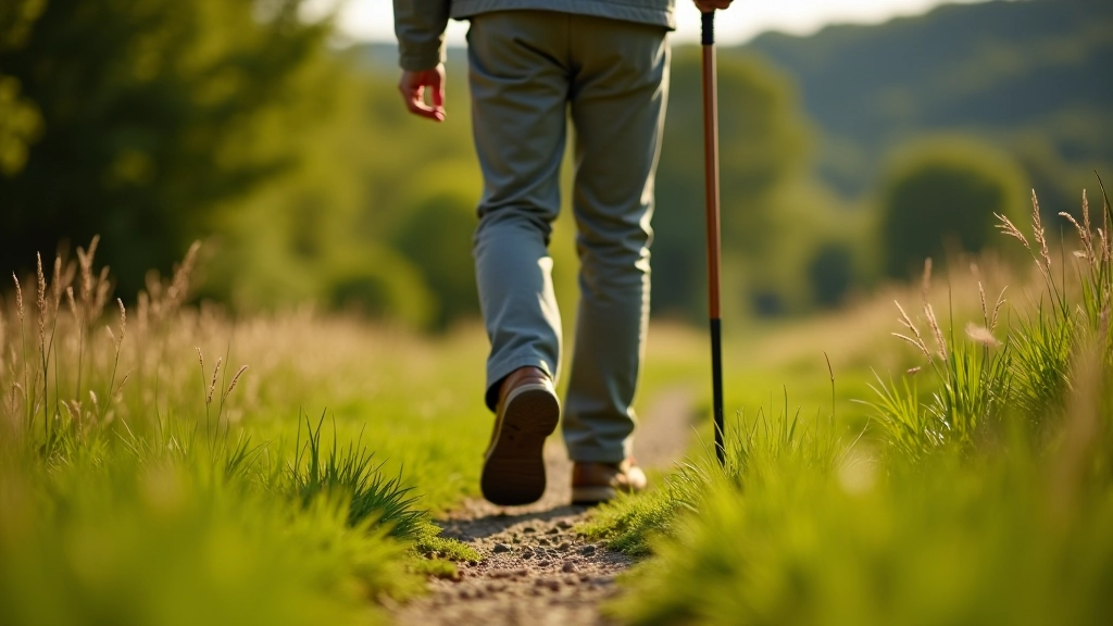 Senior person in comfortable hiking shoes and light jacket walking on grassy meadow path with walking stick