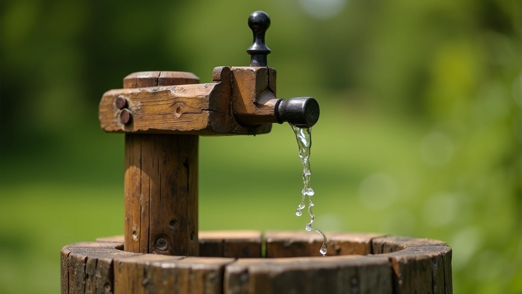 Traditional hand water pump structure in outdoor heritage site setting with wooden accents