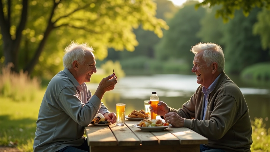 Group of seniors enjoying riverside picnic