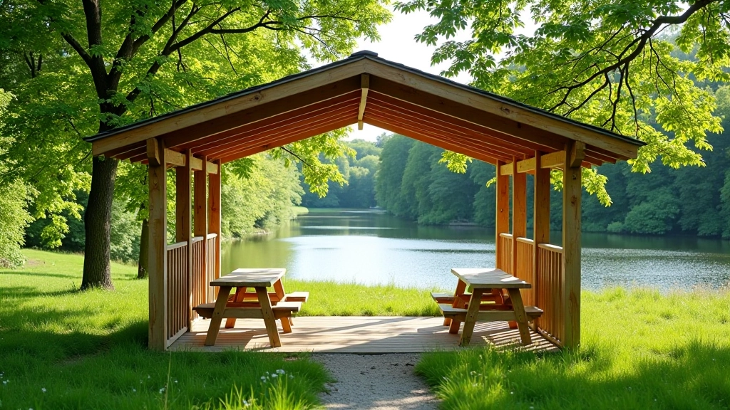 Wooden shelter pavilion structure in meadow providing shade and rest area for visitors